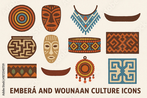 Embera and Wounaan culture vector icons with baskets masks beads canoe and tribal pattern