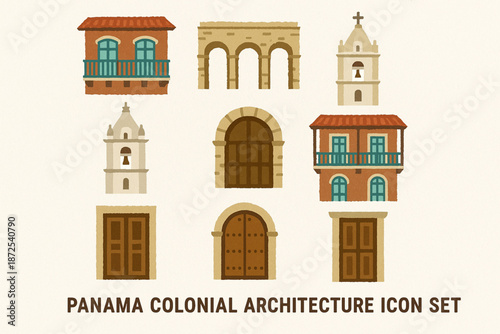 Panama colonial architecture vector icons with Casco Viejo balconies archways bell towers and wooden doors silhouettes