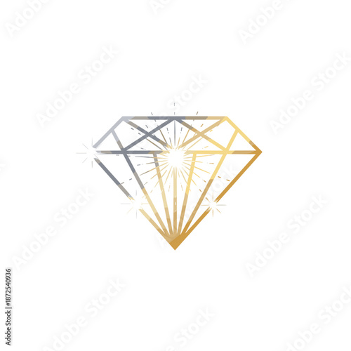 A stylized diamond with radiating light and sparkling facets, rendered in gold and silver.