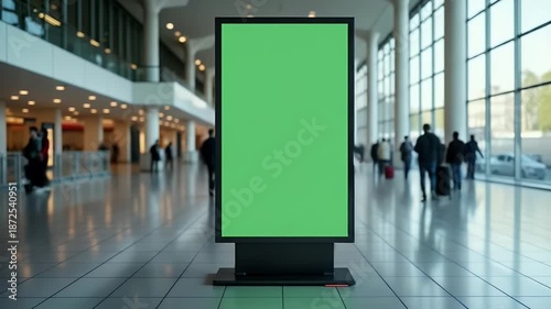 A green screen billboard stands in a bustling modern airport terminal with people walking by, offering a prime spot for advertising in a busy travel hub.