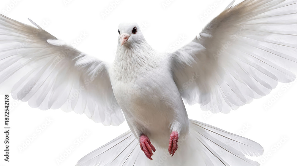 Obraz premium A white pigeon/dove captured in mid-flight with fully spread wings, showcasing its plumage and elegant flight posture against a transparent background.