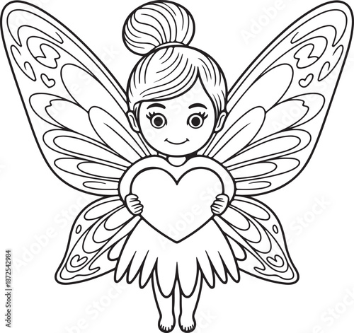 Cute fairy girl holding heart, big butterfly wings Line Art Coloring Book Page Outline Vector Illustration