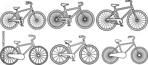 Set of Bicycle Line Art Coloring Book Page Outline Vector Illustration