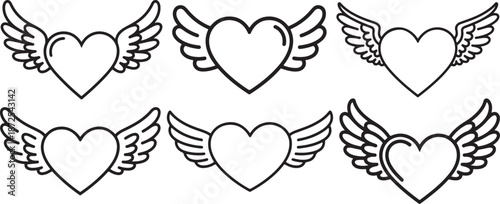 Set of Heart with angel wings Line Art Coloring Book Page Outline Vector Illustration