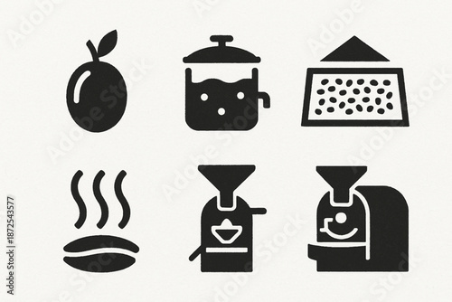 Panama coffee processing vector icons with cherries fermentation tank drying patio roaster and aroma waves silhouettes