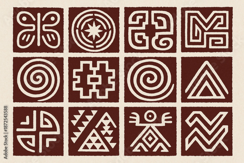 Panama indigenous symbolism vector icons with Guna mola Embera spirals Wounaan baskets and tribal