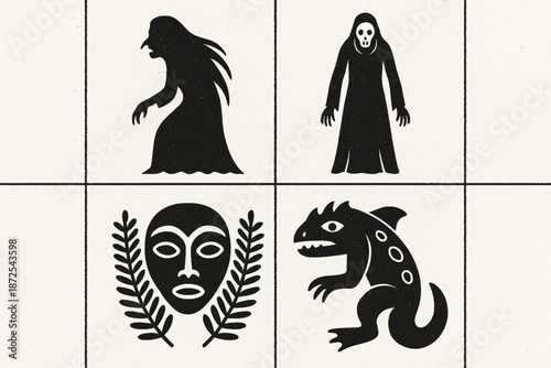 Panama mythology vector icons with Tulivieja Silampa forest spirit mask and river creature silhouettes