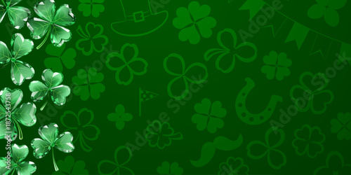 St Patricks day illustration, digital art style, green shamrocks and symbols on dark green background.
