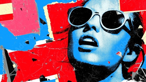 Vibrant pop art portrait of a woman wearing sunglasses with colorful torn paper and halftone effects