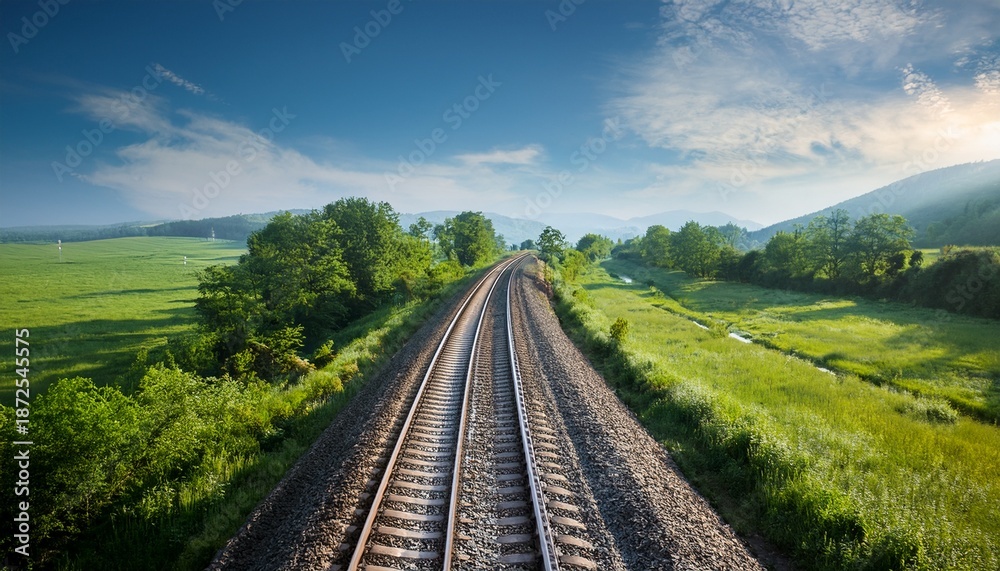 Fototapeta premium Railway Tracks Stretching Through Green Countryside
