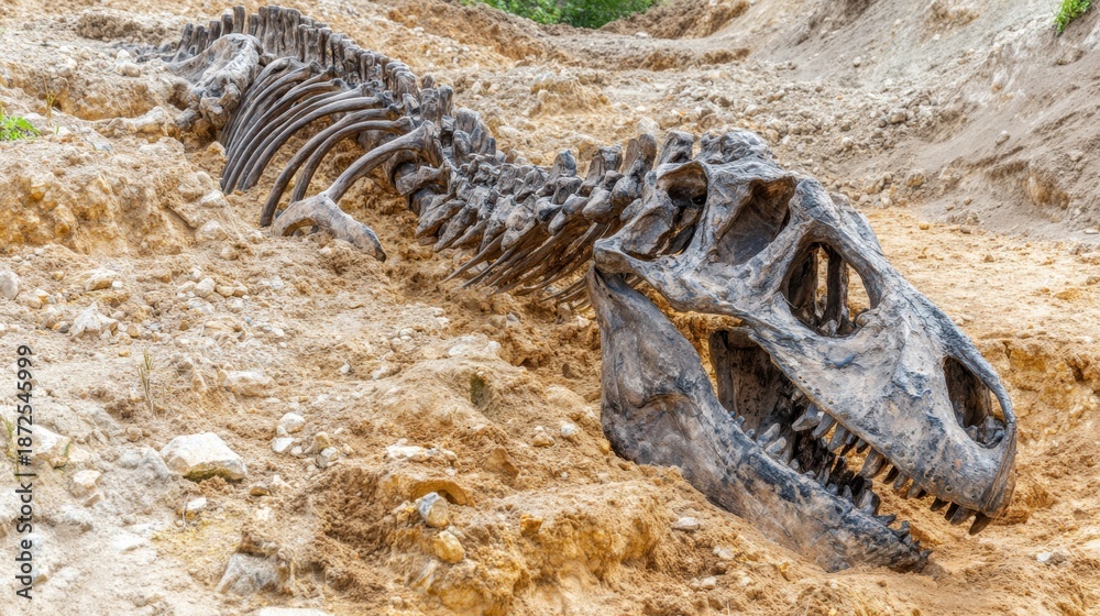 Fototapeta premium Large dinosaur skeleton found in excavation site during a geological survey