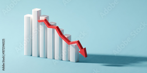 A 3D bar chart with a downward trend line.
