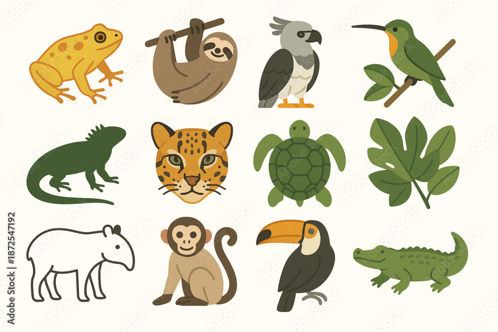 Naklejka premium Panama wildlife vector icons with golden frog sloth harpy eagle hummingbird iguana ocelot turtle tapir monkey and rainforest leaves