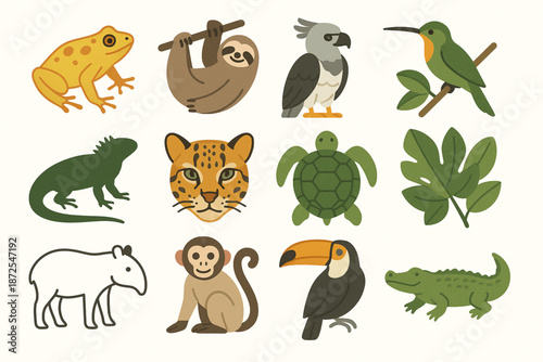 Panama wildlife vector icons with golden frog sloth harpy eagle hummingbird iguana ocelot turtle tapir monkey and rainforest leaves