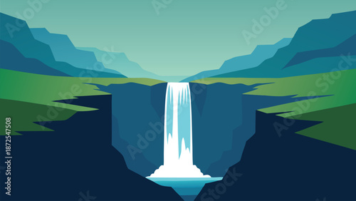 Minimalist Waterfall Landscape Illustration in Mountain Valley