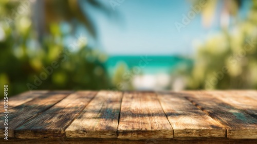 Bright wooden table in front of blurred tropical beach scenery under sunlight