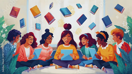 A diverse group of women gathering to learn and share knowledge, surrounded by floating books, symbolizing education and personal growth