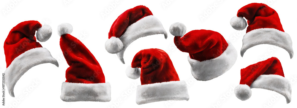 Naklejka premium Collection of red Santa hats with white trim, ideal for Christmas and holiday celebrations. These festive caps are traditional symbols of Christmas. Perfect for holiday decor and seasonal fashion.