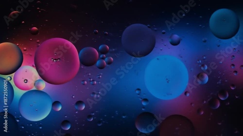 Vibrant colorful oil droplets floating on water with a dark background. Perfect for presentations, graphic resources, and marketing content.