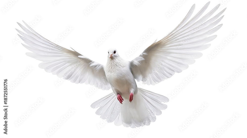 Fototapeta premium A white dove in mid-flight with fully spread wings, showcasing its elegant plumage and red feet. Symbolizing peace, freedom, and serenity, the bird represents natural beauty and avian grace.