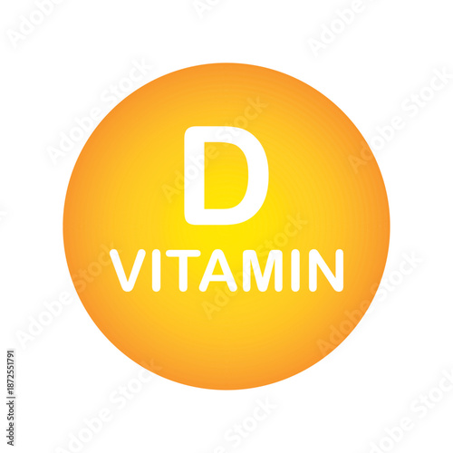 Vitamin D orange circle icon isolated on white background. Vector round supplement pill symbol or medical nutrition button for immunity health, diet care and pharmacy design.