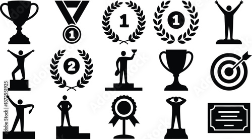 A diverse assortment of black silhouette icons symbolizing success recognition and second place awards