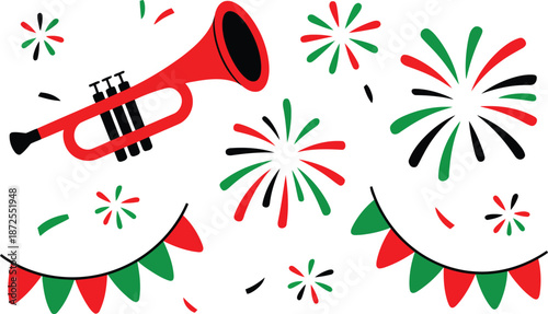 A lively red trumpet emitting celebratory sounds surrounded by scattered red green and black festive fireworks