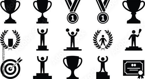 A set of black glyph icons representing victory triumph and various achievement awards on white