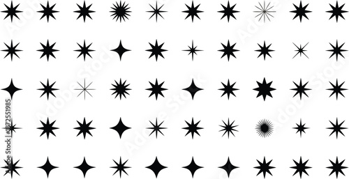 A variety of black star and sparkle shapes neatly organized across a clear white backdrop for versatile use