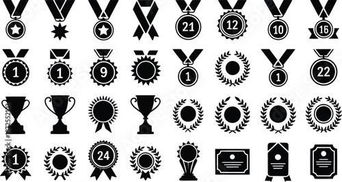 Extensive set of black and white silhouette icons showcasing various medals, trophies, wreaths, and award ribbons