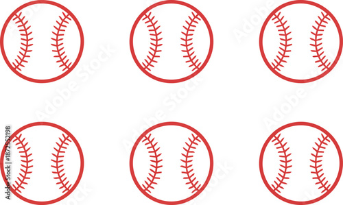 Six identical red and white baseball icons are neatly arranged across a clean white background