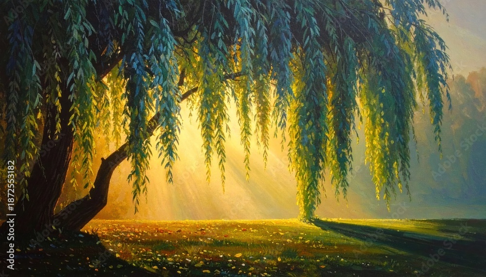 Obraz premium Enchanting Willow Tree Painting with Golden Light and Serene Landscape.
