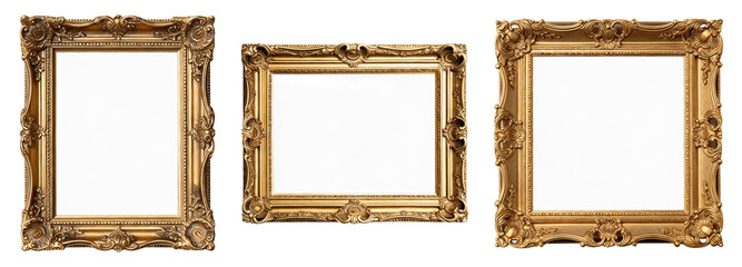 Three ornate golden picture frames with intricate designs, varying in size, showcasing classic and elegant decorative elements for artwork display.