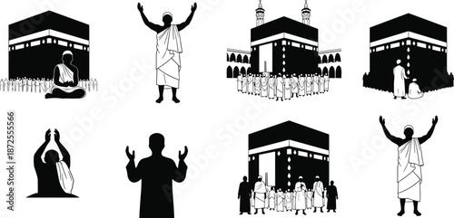 Kaaba pilgrimage, prayer poses, Islamic worship, sacred rituals, religious gathering, spiritual devotion, Mecca scenes, black silhouette icons, flat vector
