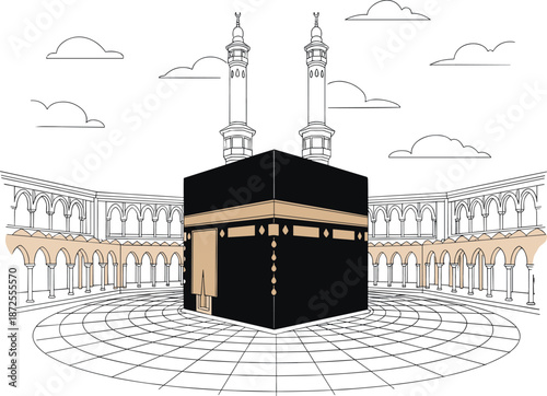 Kaaba in Mecca, sacred mosque, Islamic pilgrimage site, religious architecture, spiritual landmark, worship destination, holy symbol, cultural heritage, flat vector