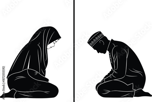 Islamic prayer posture, male and female figures, religious devotion, cultural separation, silhouette design, worship scene, spiritual moment, flat vector