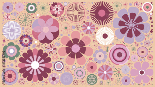 Various colorful flowers and circles on peach background