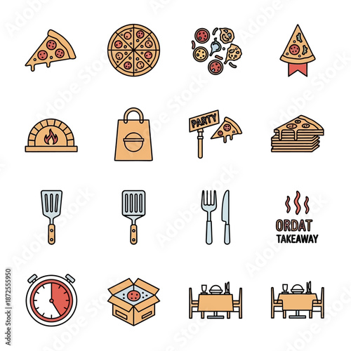 Food Icons Pizza Delivery Takeaway Restaurant.