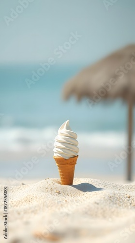 Illustration of an ice cream cone standing in the sand on a beach. In front of an ocean, seaside. 
