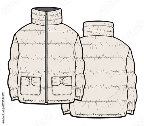 Girls puffer jacket vector mockup template technical flat design.