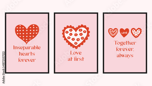 Vector set of romantic cards with decorative hearts and handwritten love quotes. Cute Valentine designs in soft pink and red, perfect for greeting cards, prints, and gifts.