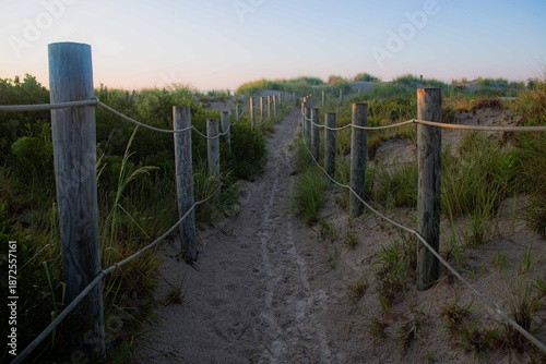 Sandy Beach Pathway Through Coastal Dunes at Sunrise