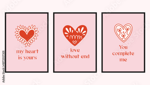 Vector set of romantic cards with decorative hearts and handwritten love quotes. Cute Valentine designs in soft pink and red, perfect for greeting cards, prints, and gifts.