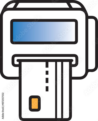 A minimalist vector icon of a white credit card with a gold EMV chip being inserted into a black card reader slot beneath a blue digital display screen.