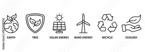 Environment banner web icon vector illustration concept with icon of earth, tree, solar energy, wind energy, recycle, ecology