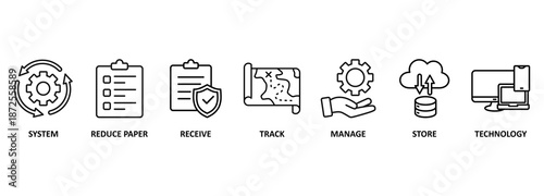 Document management banner web icon vector illustration concept with icon of system, reduce paper, receive, track, manage, store, cloud and technology 