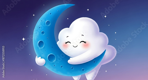 Cute Cartoon Cloud Hugging the Moon.