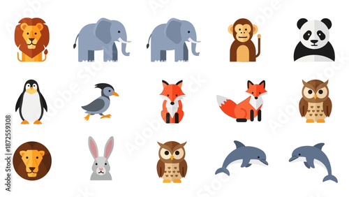 Collection of various cartoon wild animals displayed together in a grid layout on a clean background