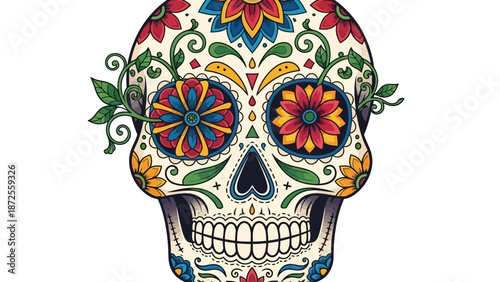 Vibrant Sugar Skull Illustration with Floral Patterns and Ornate Details, Showcasing Cultural Heritage and Traditional Designs