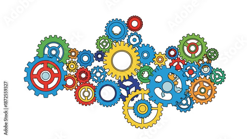 Assorted colorful gears and cogs arranged in a complex machinery pattern, intricate mechanism, industrial setting, illustration, overhead view